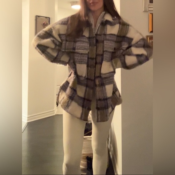 Plaid Women's Jacket in Cream and Blue | Shacket - Picture 6 of 11